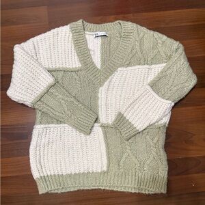 Zara Cream and Green Patchwork Sweater